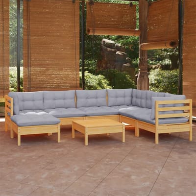 vidaXL - 8-delige - Loungeset - met - grijze - kussens - massief - grenenhout