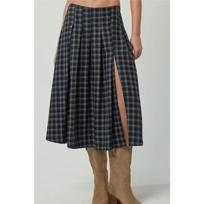 Hoge Taille Midi Rok met Slits in Ruitpatroon