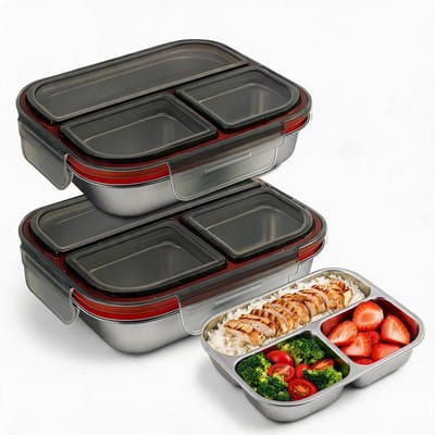 2 stuks snackbox met 3 vakken, roestvrij staal, 600 ml, lekvrije lunchbox voor kinderen en volwassenen, meal prep broodtrommel met deksel voor school, kantoor en camping, voor fruit, groenten, vlees