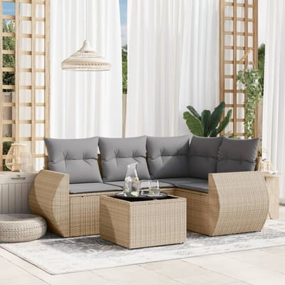 vidaXL - 5-delige - Loungeset - met - kussens - poly - rattan - beige
