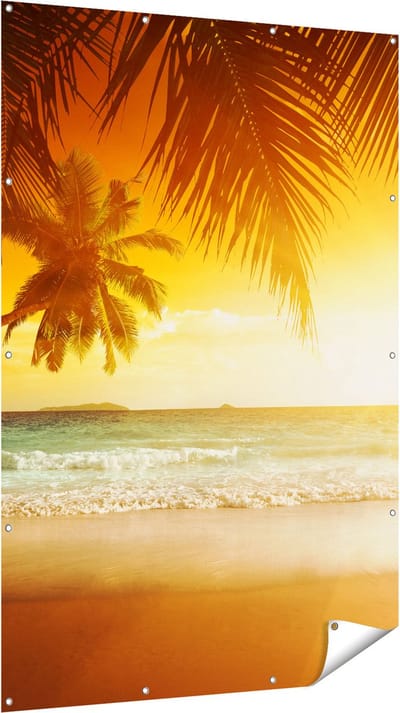 Gards Tuinposter Tropisch Strand tijdens Zonsondergang - 120x180 cm - Tuindoek - Tuindecoratie - Wanddecoratie buiten - Tuinschilderij