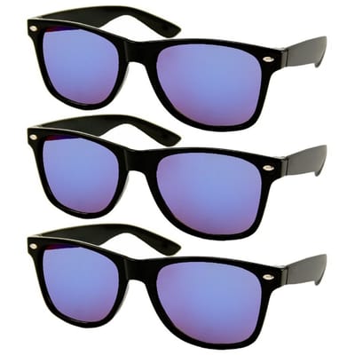Fako Fashion - 3x Zonnebril Zwart - Heren Zonnebril - Dames Zonnebril - Classic - UV400 - Zwart - Paarse Spiegelglazen - 3 Stuks