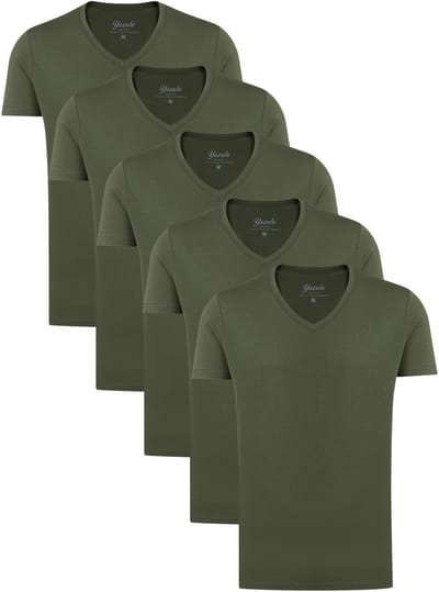 Yazubi Heren T-shirt Mythic – Katoen Stretch – Olijfgroen – V-hals – 5-pack