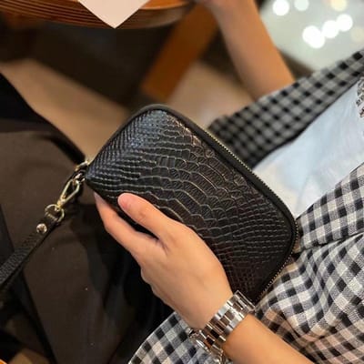 Portefeuille Long Pochette en Cuir Véritable pour Femmes Nouveau Tempérament Sac de Poignet Motif Crocodile Cuir de Vache Première Couche Sac pour Téléphone Portable brown