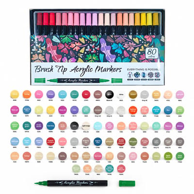 Set van 80 dubbelzijdige acrylstiften - penseelpunt - voor tekenen en schilderen - basisverpakking