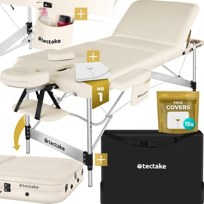 tectake® 3-Zones Massagetafel - 78cm Breed - Behandelbank met 5cm Dikke Vulling en Aluminium Frame - Inclusief 15 Hoofdsteundoekjes en Draagtas - Max Draagvermogen 230kg - Beige
