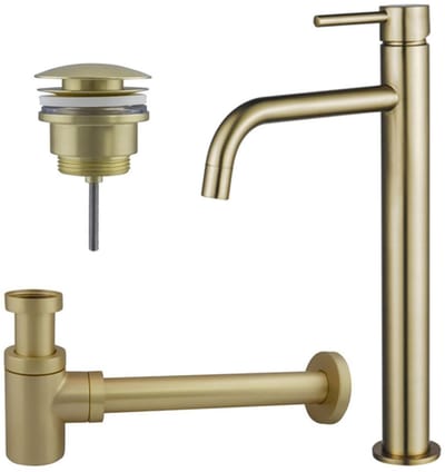 FugaFlow Eccelente Sobrado Badkamer Slim Wastafelkraanset - verhoogde wastafelkraan - klikwaste plug - verlaagde design sifon - PVD Geborsteld Messing