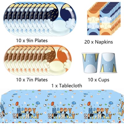Nouveaux 51 Pièces Fournitures de Fête Chien Bleu Bluey Comprennent une Nappe, des Assiettes, des Gobelets, des Serviettes de Table