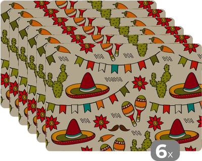 Placemat - Placemats kunststof - Mexico - Cactus - Patronen - 45x30 cm - 6 stuks - Hittebestendig - Anti-Slip - Onderlegger - Afneembaar