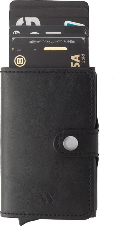 Wallix® Pasjeshouder Creditcardhouder - Uitschuifbaar - Unisex Portemonnee - 100% RFID Veilig - Leer & Aluminium - Zwart/Zwart