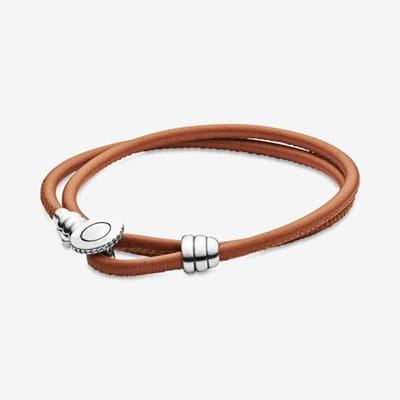 LoveRight Dubbele Lus Echt Leer Pan-Stijl Armbanden 925 Zilveren Gesp Geschikt voor Originele Kralen Bedels Sieraden Maken 35cm brown
