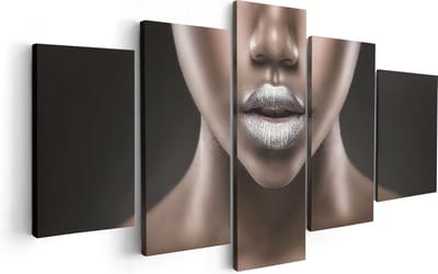 Artaza Canvas Schilderij Vijfluik Zilveren Lippen Van Een Afrikaanse Vrouw - 100x50 - Foto Op Canvas - Canvas Print