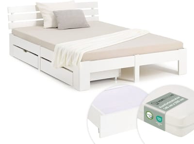 Homestyle4u Tweepersoonsbed - 140x200 cm - met Matras en 2 Bedbakken - Wit