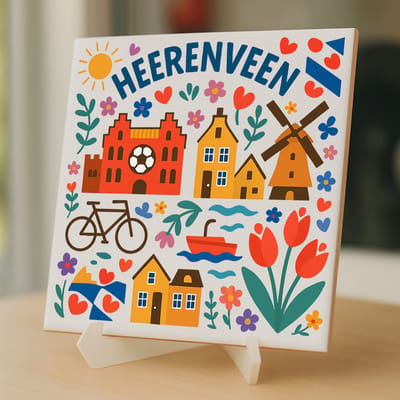 Tegeltje Heerenveen - 15×15 cm – Keramiek – Decoratief Souvenir – Inclusief Transparante Houder / Ezel – Cadeau - Tegeltjes met tekst