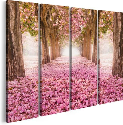 Artaza Canvas Schilderij Vierluik Romantische Bomen Tunnel Met Roze Anjers - 160x120 - Groot - Foto Op Canvas - Canvas Print