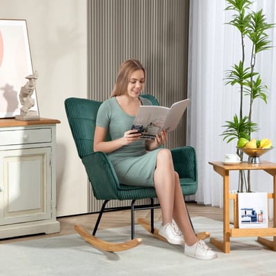 Schommelstoel - Relaxfauteuil Met Armleuningen En Hoge Rugleuning - Voor Woonkamer En Slaapkamer - Stoffen Bekleding Donkergroen