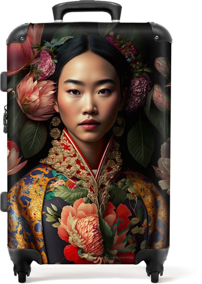 NoBoringSuitcases.com® - Koffer groot - Rolkoffer lichtgewicht - Vrouw - Asian - Kimono - Bloemen - Portret - Vakantie reiskoffer met 4 wielen - Grote trolley XL - Travel suitcase large - 20 kg bagage - Ruimbagage medium met TSA slot