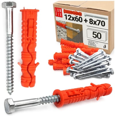 LUN FIX - Dübel Set 12x60 mm + zeskantschroeven 8x70 mm - 50 stuks - slagpluggen - zware pluggen voor beton, baksteen, holle blokken, nylon & verzinkt, DIN 571 compatibel.