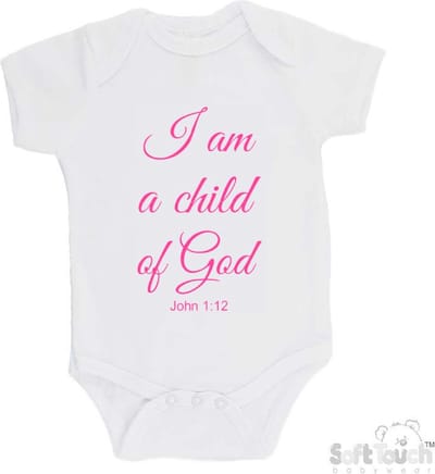 100% katoenen Romper "I am a child of God John 1:12" Meisjes Katoen Wit/roze Maat 56/62