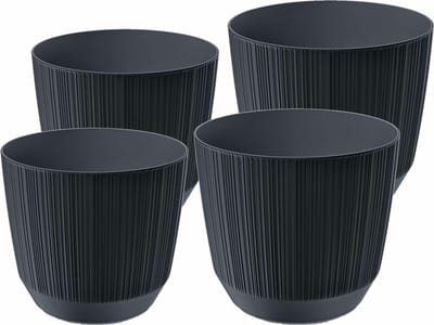 Prosperplast plantenpotten/bloempotten Carf Stripe - antraciet - 4x stuks - kunststof - Dia 15 en 19 cm