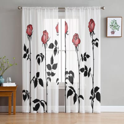 Aquarel Transparante Gordijnen Voor Woonkamer Rode Roos Bloementakken Slaapkamer Tule Gordijnen Keuken Raambekleding Paneel Gordijnen 135W x 114H(cm) white