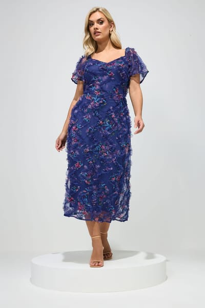 Yours London Marineblauwe Jurk Met Bloemenprint, Chevronpatroon En Ruches Size 42