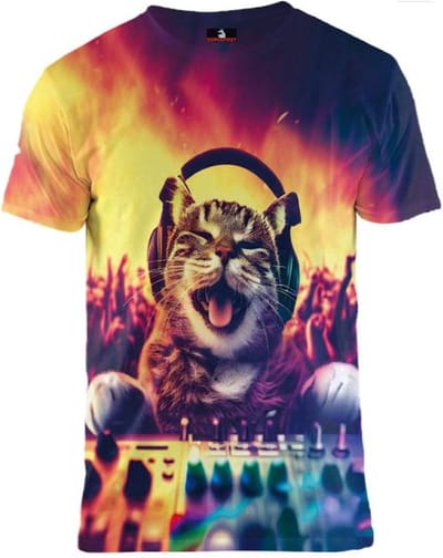 Happy cat DJ - DJ Kat T-shirt Maat S - Crew neck - Festival shirt - Superfout - Fout T-shirt - Feestkleding - Festival outfit - Foute kleding - Kattenshirt