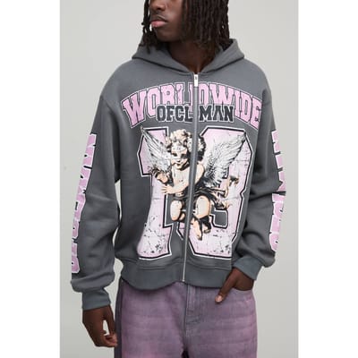 Oversized Boxy Worldwide Varsity Hoodie | Charcoal | Size Small