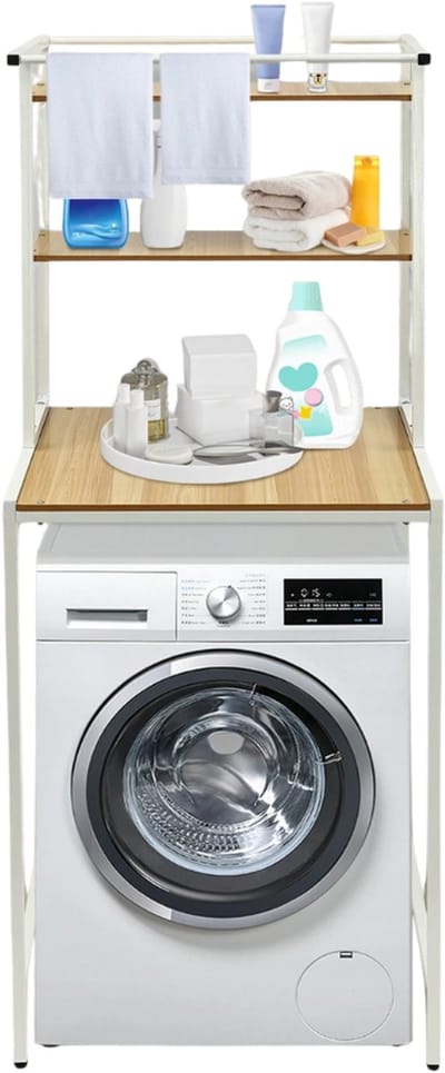 Sensova - Wasmachine Organizer 3-Laags Opbergrek - Rek Boven Wasmachine en Droger – Badkamer Organizer van MDF & IJzer – 176,5 cm Hoog – Ruimtebesparend Wasruimte Rek - Verstelbare Poten - Modern Wit met Houtlook - 10 kg Draagvermogen per Plank