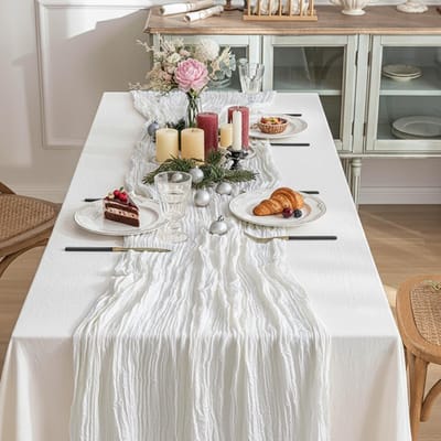 Dailygoods - Kaasdoek tafelloper 90 x 300 cm, bohemian tafeldecoratie voor bruiloft, feest & vakantie (Wit #16)