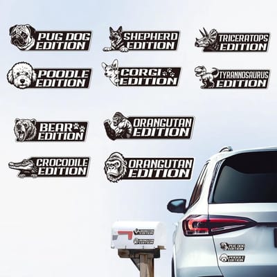 Dailygoods- Autostickers Dierenbadges - 5 Stuks - Vinyl - Decoratie - Hond/Dinosaurus/Bear - Afmetingen 15,5 cm x 14,8 cm - Autodecoratie