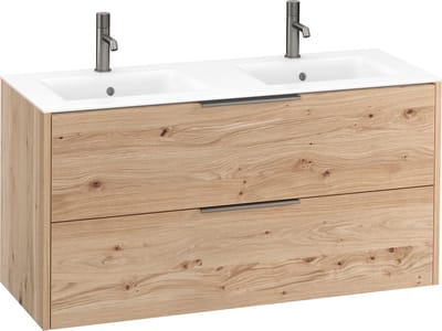 Saqu Lima badmeubel incl. dubbele mat witte keramische wastafel 120x46x61cm naturel eiken – geborsteld zwarte greep