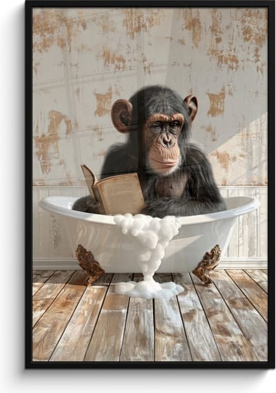 Poster in lijst - Fotolijst 80x120 cm - Posters - Vintage - Aap - Badkuip - Schuim - Dier - Posterlijst zwart - Wanddecoratie badkamer - Muurdecoratie WC - Decoratieve accessoires - Toilet muur decoratie