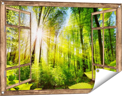 Gards Tuinposter Doorkijk Weg Omringd met Bomen in het Bos - 90x60 cm - Tuindoek - Tuindecoratie - Wanddecoratie buiten - Tuinschilderij