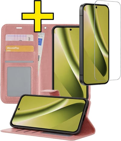 Hoesje - Met Screenprotector - Geschikt voor Google Pixel 10a - Luxe Pasjeshouder - Bookcase Portemonee - Flip Case - Kunstleer Book Case - Flipcase - Book Cover - Walletcase - Portemonneehoes - Telefoonhoesjes - Rosé goud