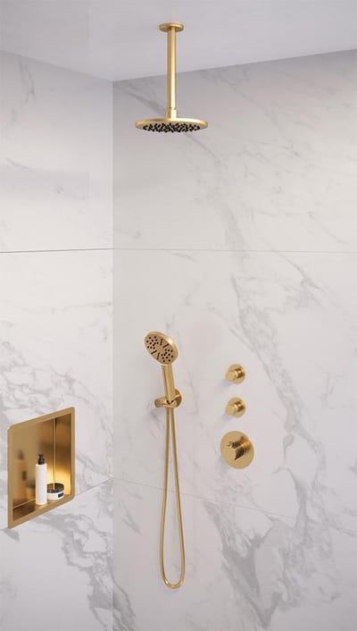 Brauer Gold Edition thermostatische inbouw regendouche SET 11 met 20 cm douchekop en plafondarm en 3-standen handdouche en doucheslang en wandaansluitbocht goud geborsteld PVD