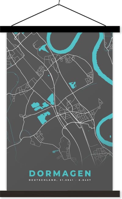 Posterhanger incl. Poster 60x90 cm - Schoolplaat - Stadskaart – Dormagen – Duitsland – Plattegrond – Kaart - Textielposter - Zwarte latten - Stadskaart