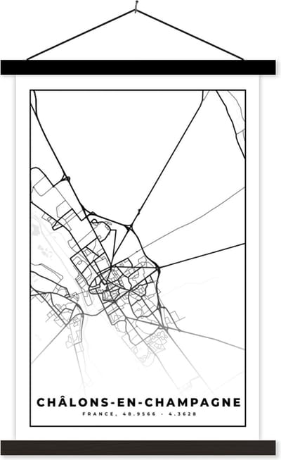Posterhanger incl. Poster 40x60 cm - Schoolplaat - Stadskaart – Châlons-en-Champagne - Plattegrond – Kaart – Frankrijk - Zwart wit - Textielposter - Zwarte latten - Stadskaart