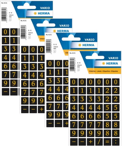 Herma Stickervel nummers - cijfers / getallen - 0 t/m 9 - 4x vellen - zwart / goud - 13 mm - watervast