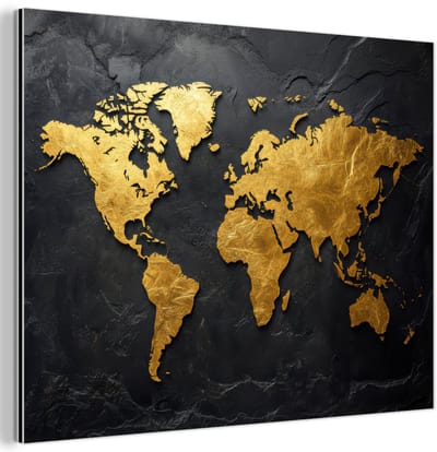 Aluminium schilderij 120x90 cm - Wanddecoratie metaal - Wereldkaart - Goud - Steen - Metalen muurdecoratie woonkamer - Decoratie industrieel - Foto op dibond - Industriële accessoires slaapkamer