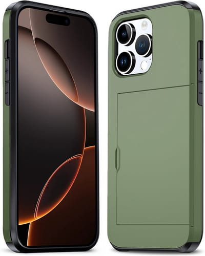 Hoesje Geschikt voor iPhone 16 Pro Hoesje Pasjeshouder Shockproof Hard Case - Hoesje Geschikt voor iPhone 16 Pro Hoes Met Kaarthouder - Donkergroen