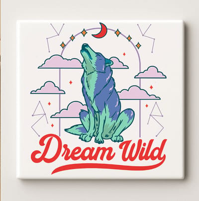 Dream Wild Tegel 15x15cm – Kleurrijke Wolf Ontwerp Keramische Wandtegel, Inspirerend Kunstwerk voor Natuurliefhebbers en Boho Woondecoratie