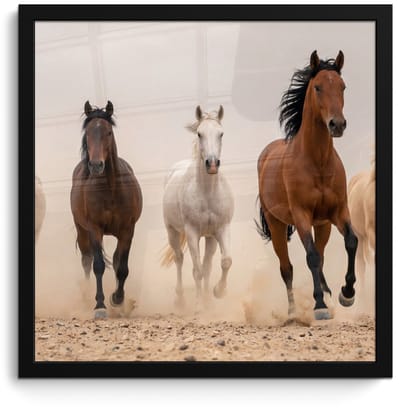 Poster in lijst - Fotolijst 40x40 cm - Posters - Kudde paarden - Stofwolk - Bruin - Zwart - Posterlijst zwart - Decoratie - Wanddecoratie woonkamer - Muurdecoratie slaapkamer
