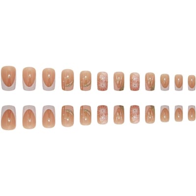24 Stuks Middelgrote Vierkante Franse Nepnagels, Wit & Oranje Ombre Bloemig Design Nail Art Stickers, Voor Feest, Dagelijks Gebruik Press On Nagels Nagelbenodigdheden