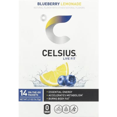 Celsius, Live Fit, Blueberry Lemonade, Draagbare 14-pack, 0,19 oz (5,48 gram) Elk