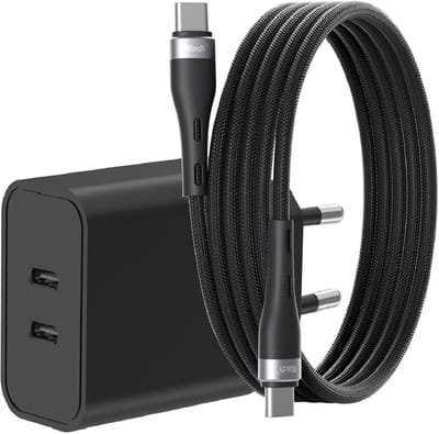 USB C Adapter 35W - USB C Oplader 2 poorten met 1M Kabel USB C naar USB C - Zwart