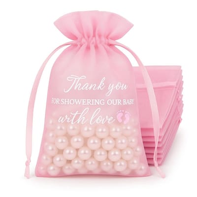 20x Organza Zakjes Met Print - Organza Met Opdruk - 10x15cm - Feestzakjes - Snoepzakjes - Cadeauzakjes - Uitdeelzakjes - Sieradenzakjes - Thank You For Showering Our Baby With Love - 10x15 cm - Babyshower - Roze - 20 Stuks