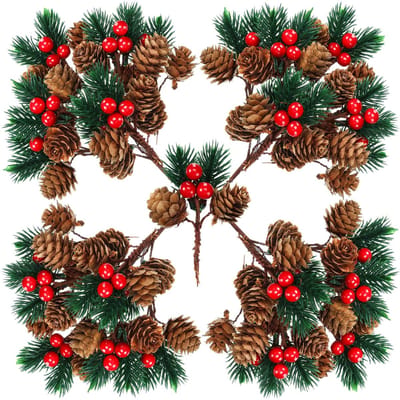 16stuks - Kerstversieringen - Dennennaalden - Kunstmatige rode dennenappels - Geschikt voor bloemstukken - Bloemsierkunst - Ideaal voor kerstboomversieringen - Kunstmatige dennentakken - DIY-accessoires - 9 cm - Rood + Groen