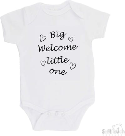 Soft Touch Romper "Big welcome little one" Unisex Katoen Wit/zwart Maat 56/62