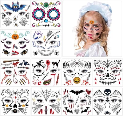 Dailygoods- Tatoeages Halloween - 12 Vellen Tatoeages - Kindertatoeages - Tijdelijke Tatoeages - Griezelige Motieven - Voor Feesten